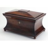 Victorian rosewood sarcophagus shaped tea caddy with twin divisional interior and glass mixing bowl,