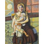 Mother with her children, expressionist school chalk, bearing a signature Satti '50 and partial