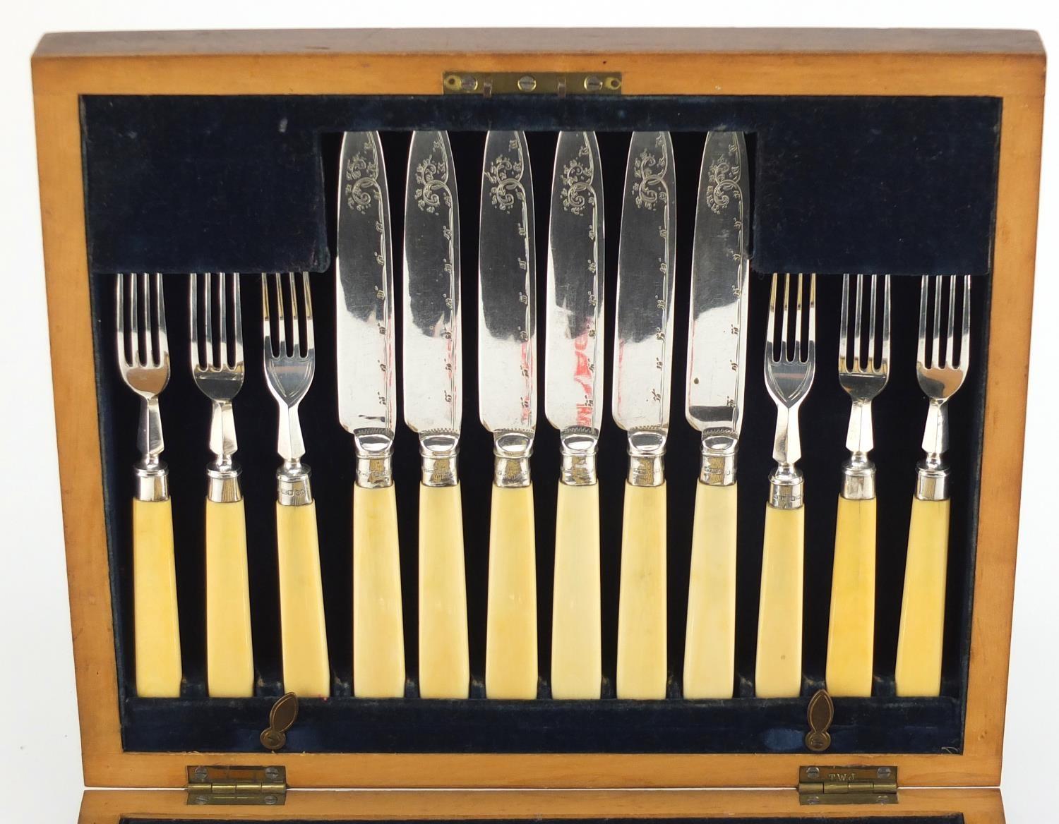 Mahogany six place canteen of silver plated fish knives and forks, with ivory handles and silver - Image 2 of 5