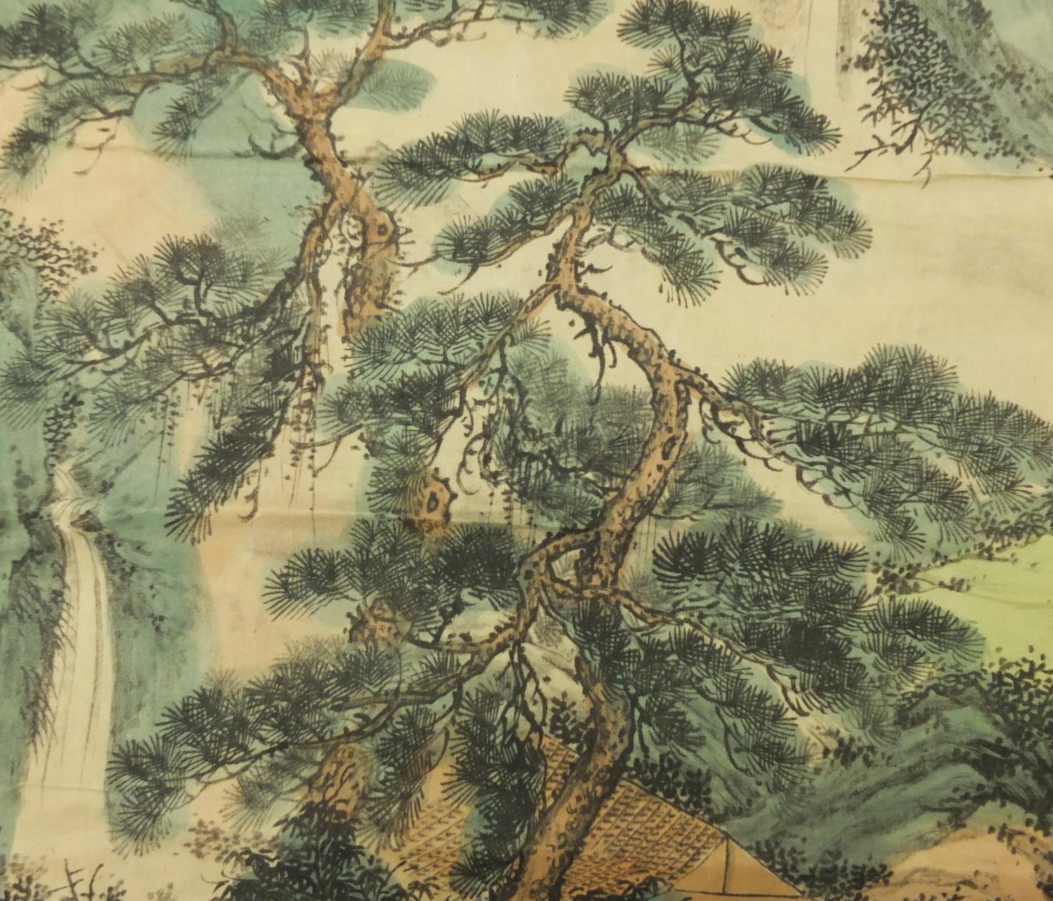 Chinese scroll hand painted with a gentlemen gathering in a pagoda amongst pines, with script and - Image 6 of 8