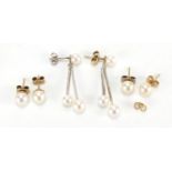 Three pairs of 9ct gold and silver pearl earrings, the largest 3.5cm in length, approximate weight