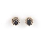 Pair of 9ct gold sapphire and diamond earrings, 8mm in length, approximate weight 1.7g : For Further