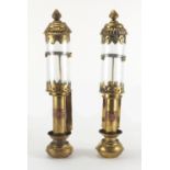 Pair of GWR brass candle holders with glass shades, each 35cm high : For Further Condition Reports
