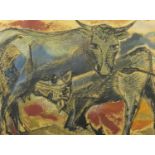 Cow and calf, mixed media on paper, bearing a signature Caleborn and label verso, mounted and