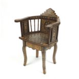 Good Moorish design elbow chair, with geometric parquetry inlay, probably Syrian, 88cm high : For