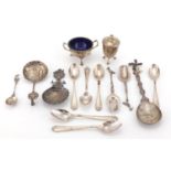Mostly silver items including continental spoons, teaspoons and a mustard, various hallmarks, the