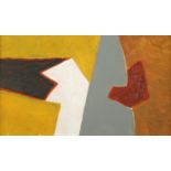 Abstract composition, colourful shapes, oil on board, bearing an inscription Heath Tribbett verso,