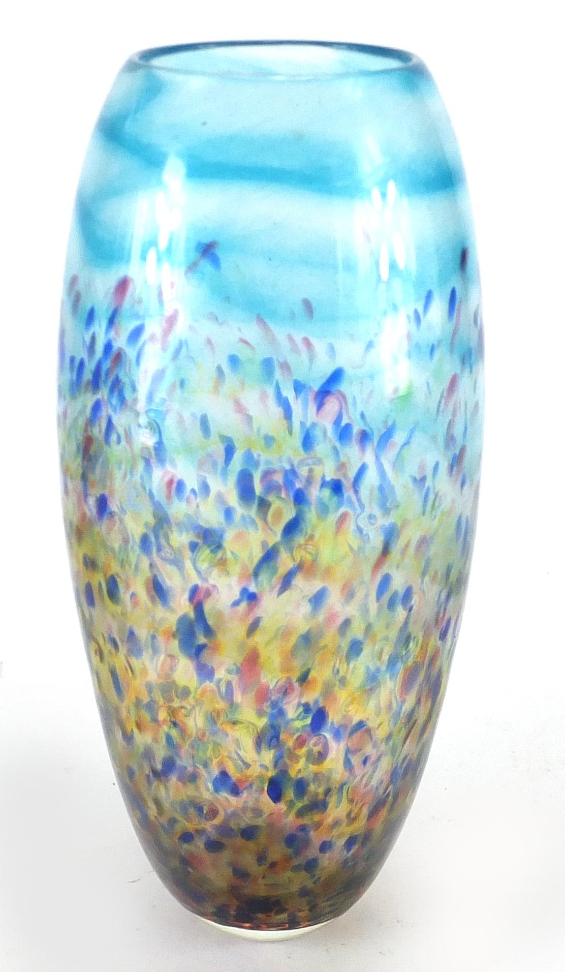 Blue splatted glass vase, signed to the base, 24cm high : For Further Condition Reports Please Visit