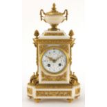 19th century French ormolu and white marble mantel clock striking on a bell, the enamelled dial