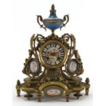 French brass mantel clock, with Sèvres style panels hand painted with classical figures, the