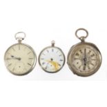 Three silver open face pocket watches, two gentleman's and one ladies including one with a fusee