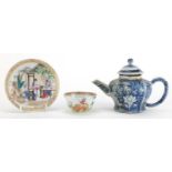Chinese porcelain comprising a blue and white teapot with hexagonal body, tea bowl hand painted in