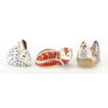 Three Royal Crown Derby paperweights with stoppers, fox, chicken and rabbit, the largest 11cm wide :