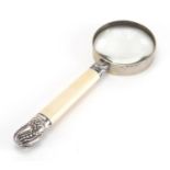 Edwardian ivory handled magnifying glass with silver mounts, Sheffield 1907, 22cm in length :For