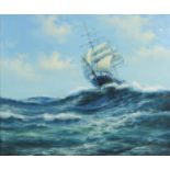 Brian Murray - Rigged sailing ship on choppy seas, oil on canvas, label verso, mounted and framed,