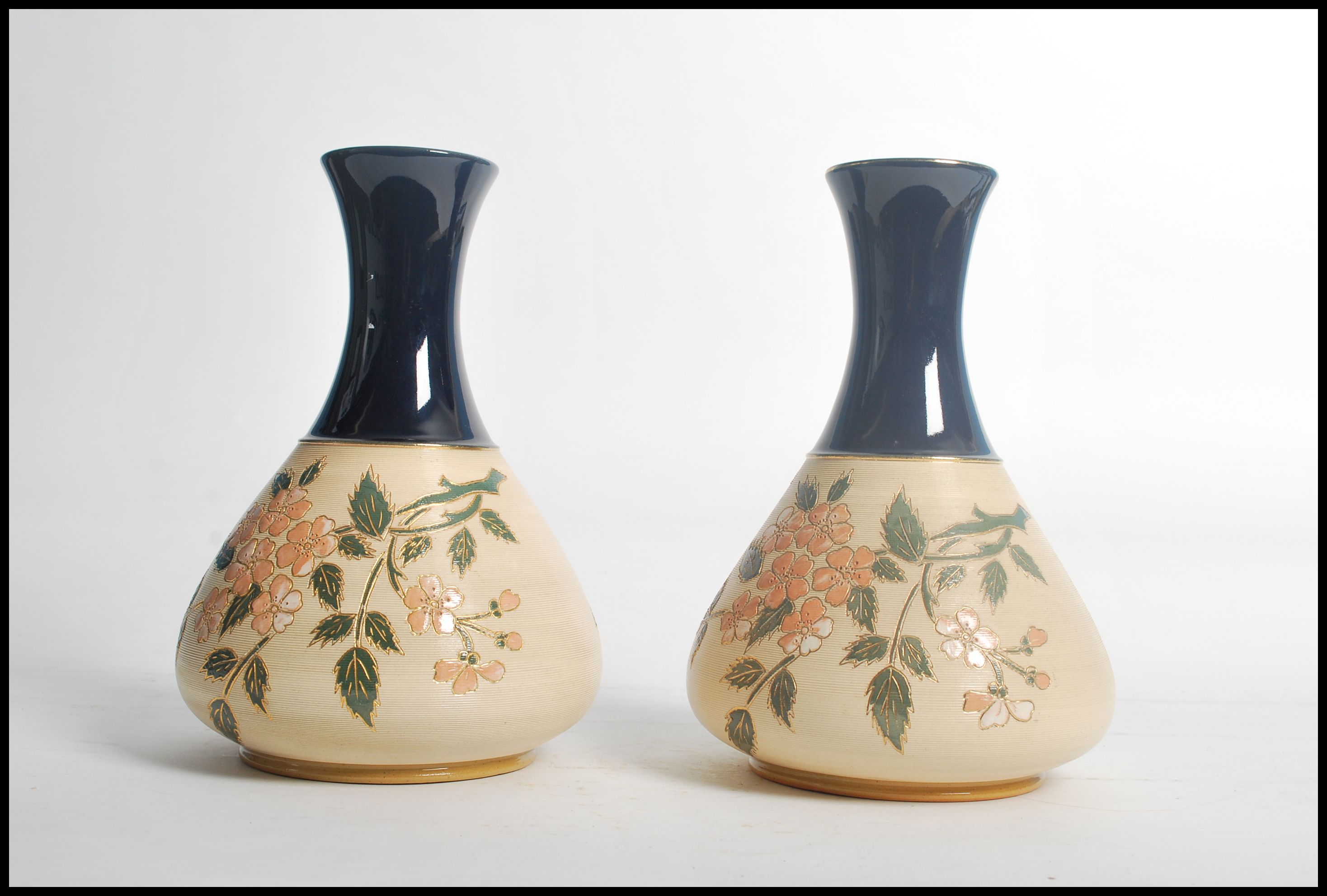 A pair of early 20th century Langley Mill stone wear vases having cobalt tapering necks with - Image 3 of 7