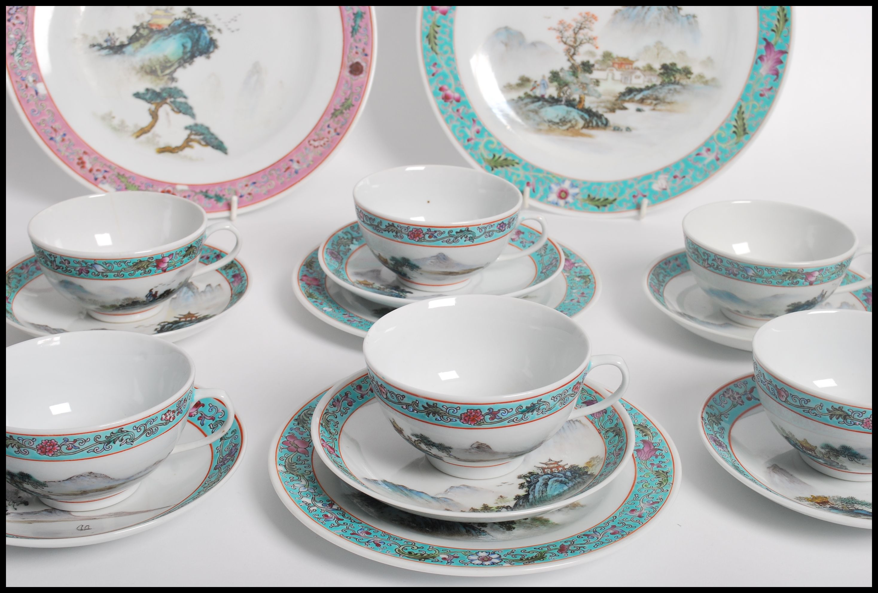 A matching service of Chinese Republic period hand painted cups saucers and plates depicting - Image 6 of 9
