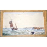 A 19th century watercolour painting of a tall masted sail ship in rough waters of plymouth being