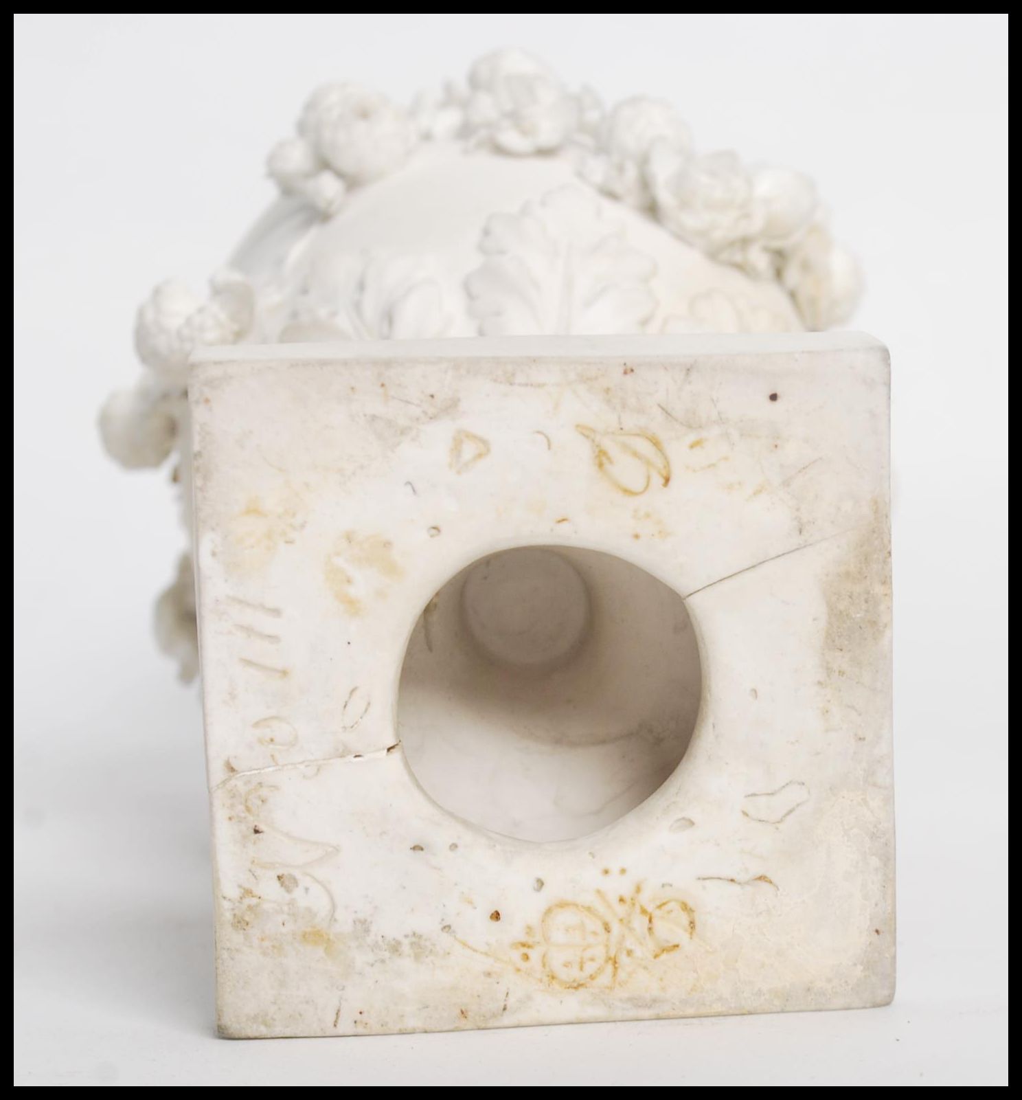 A 19th century Derby parian bisque ware vase raised on a square base with relief decoration of - Image 6 of 6