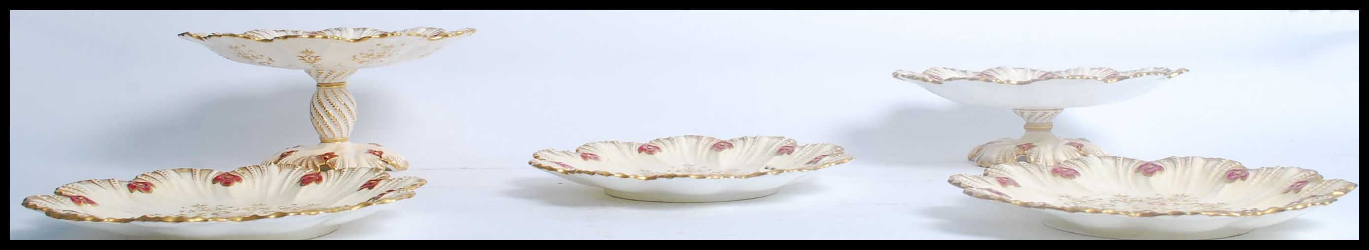 A 19th century Coalport ivory blush dessert set consisting of three plates and two tazzas / comports - Image 2 of 9