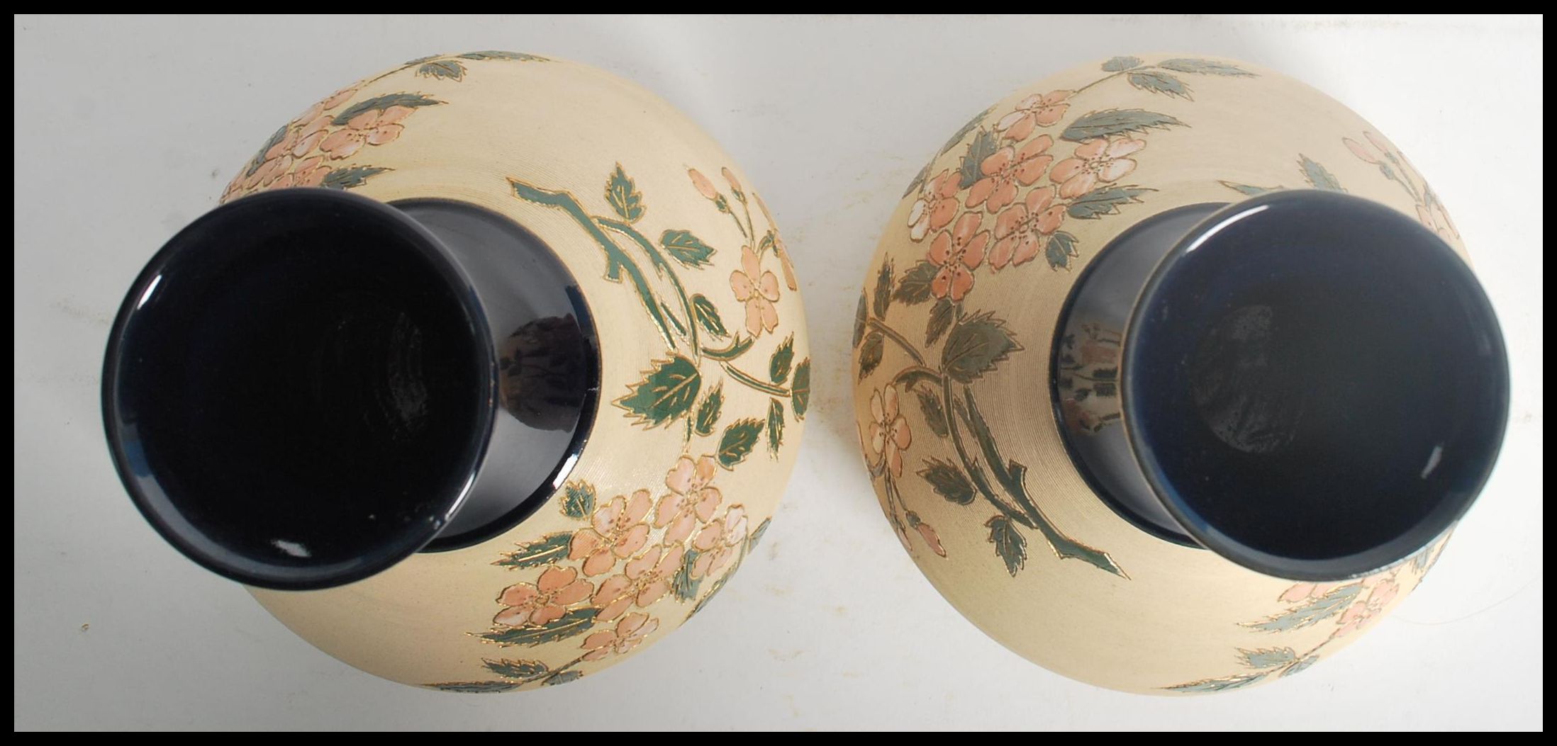 A pair of early 20th century Langley Mill stone wear vases having cobalt tapering necks with - Image 6 of 7