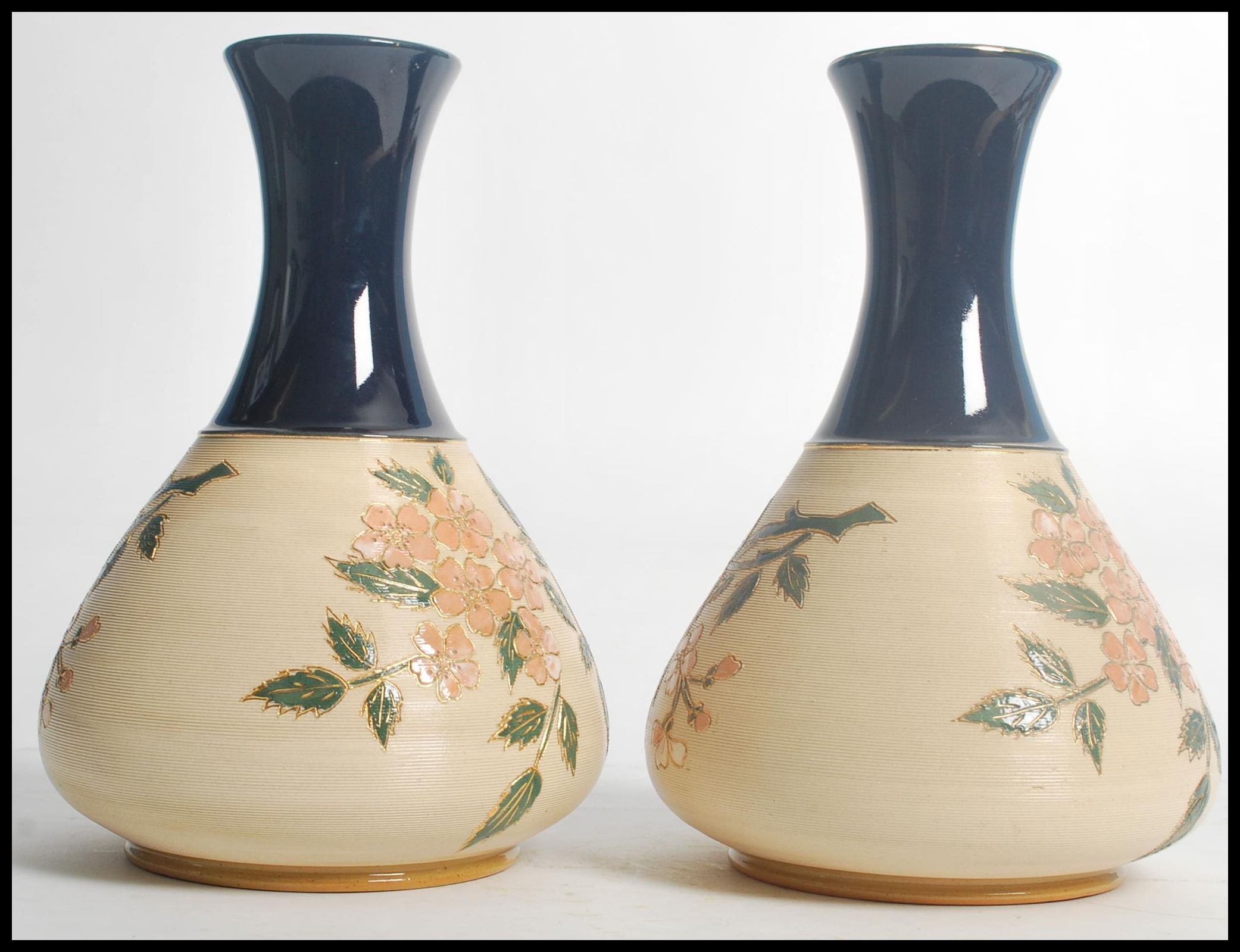 A pair of early 20th century Langley Mill stone wear vases having cobalt tapering necks with - Image 5 of 7