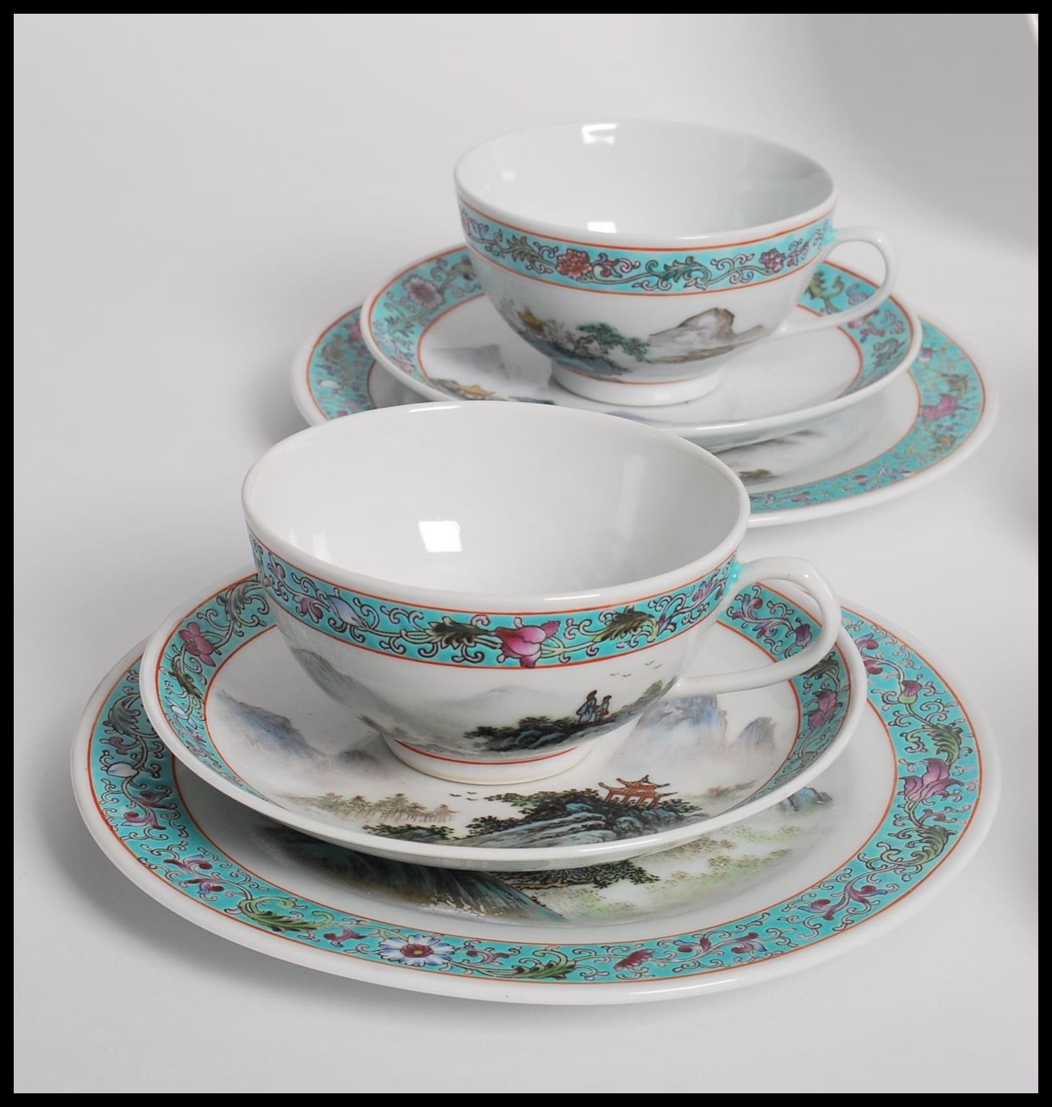 A matching service of Chinese Republic period hand painted cups saucers and plates depicting - Image 4 of 9