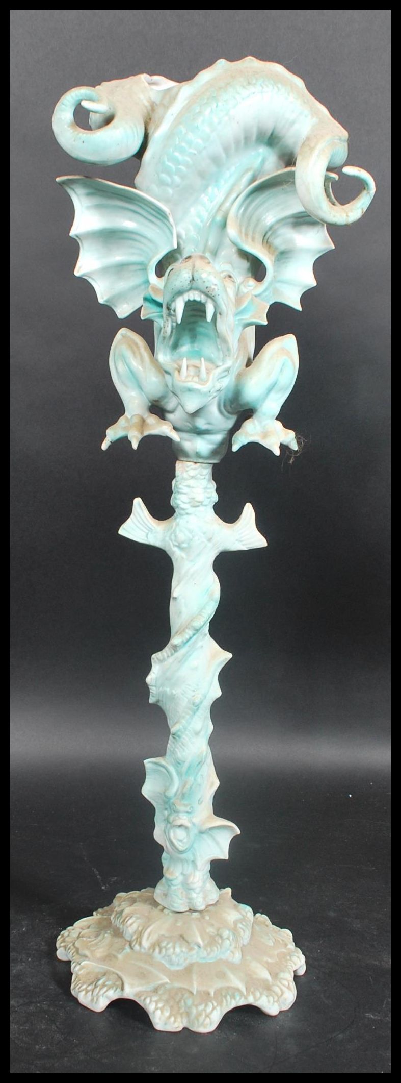 A 19th century Ernst Bohne & Söhne grotesque dragon porcelain centrepiece vase. The inverted