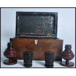 A 19th century Victorian rosewood box having an ivory escutcheon along with two treen turned wood