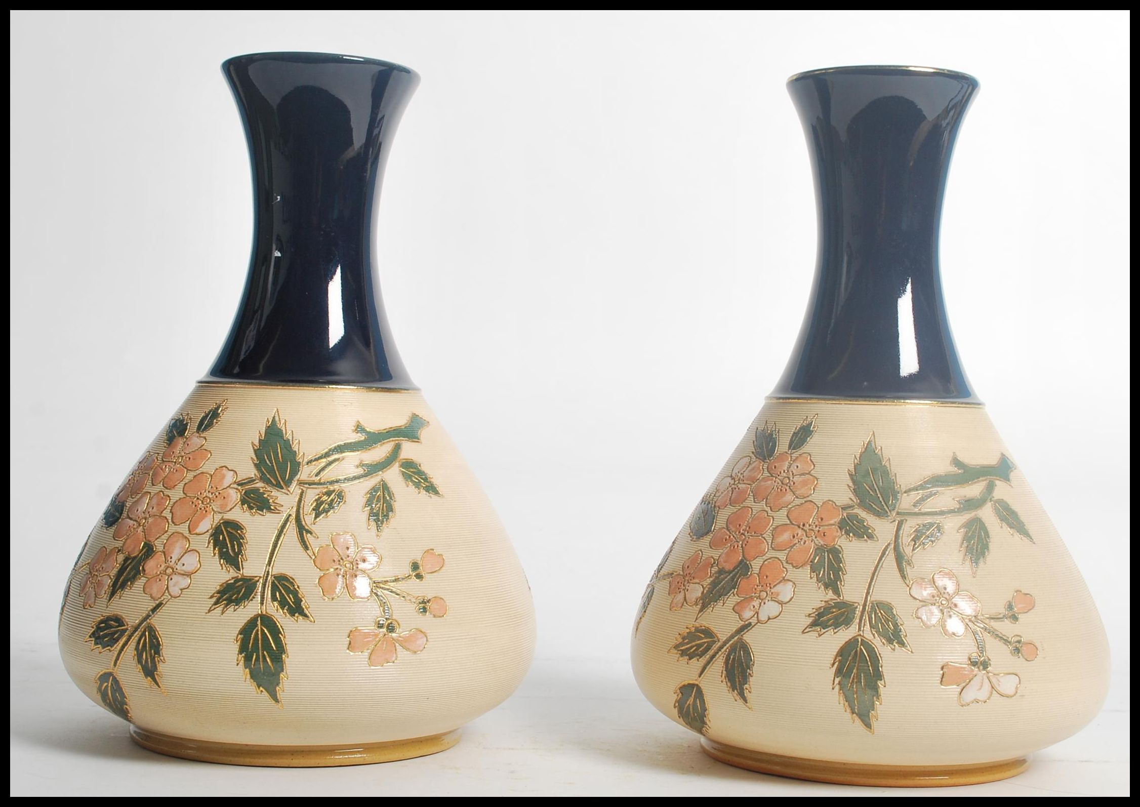 A pair of early 20th century Langley Mill stone wear vases having cobalt tapering necks with - Image 4 of 7