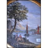 A 19th century watercolour painting of a continental lake scene with castle and mountains to the