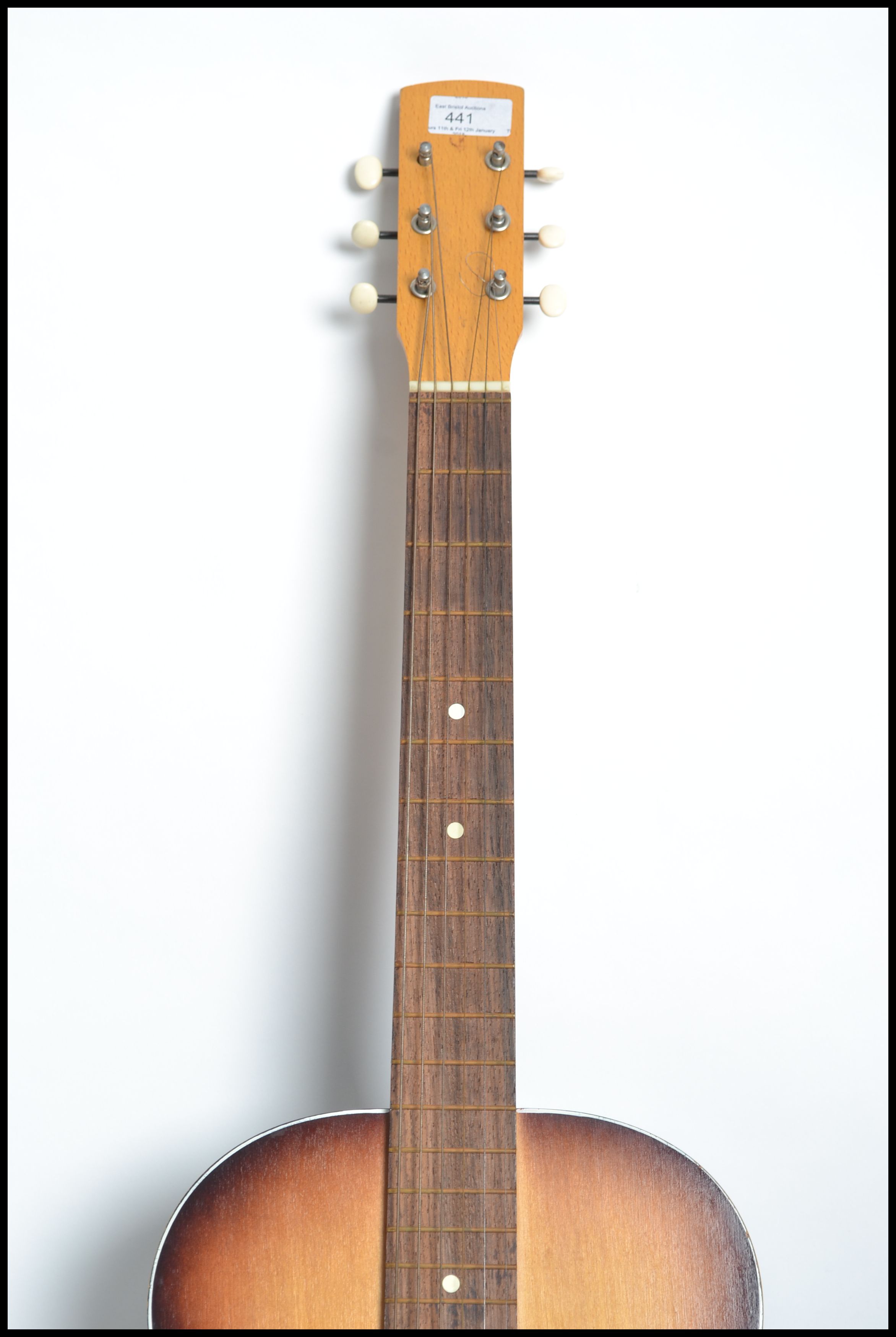 A mid 20th century Spanish acoustic six string guitar having a shaped body. - Image 5 of 5