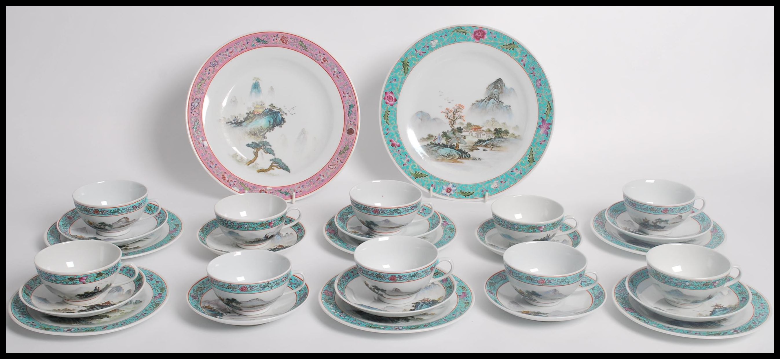 A matching service of Chinese Republic period hand painted cups saucers and plates depicting