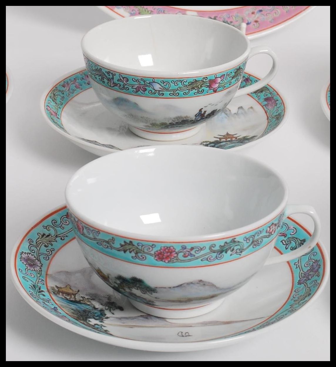 A matching service of Chinese Republic period hand painted cups saucers and plates depicting - Image 5 of 9