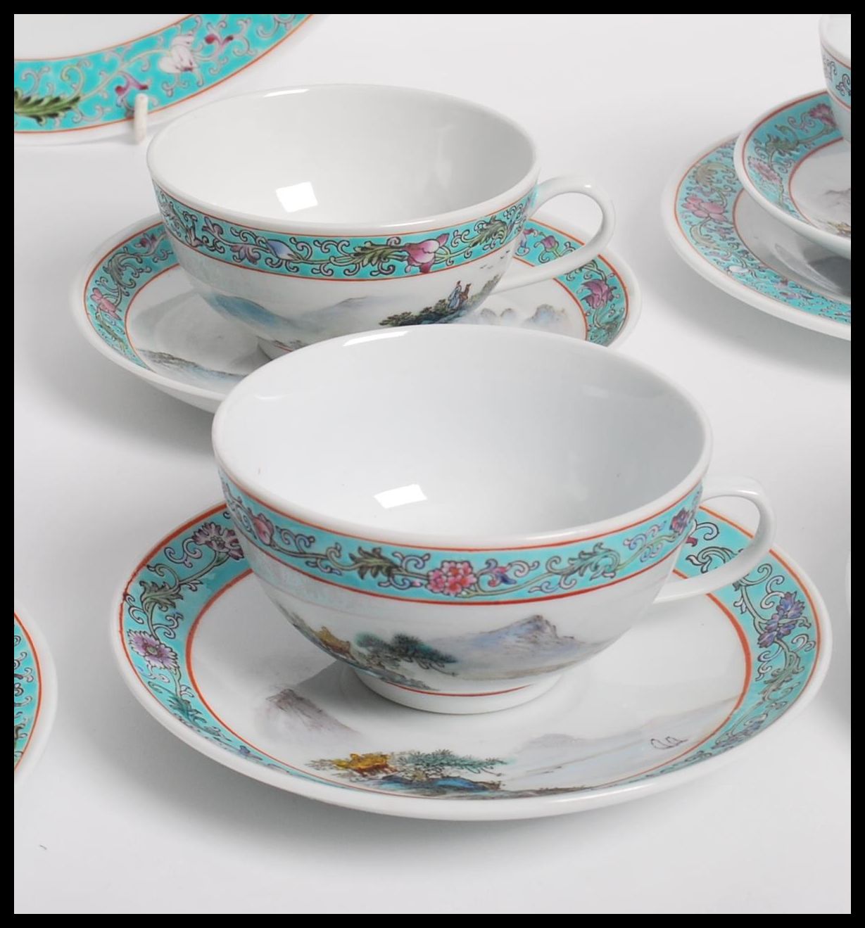 A matching service of Chinese Republic period hand painted cups saucers and plates depicting - Image 7 of 9