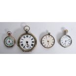 A collection of silver and white metal pocket watches to include a large pocket watch with no glass,