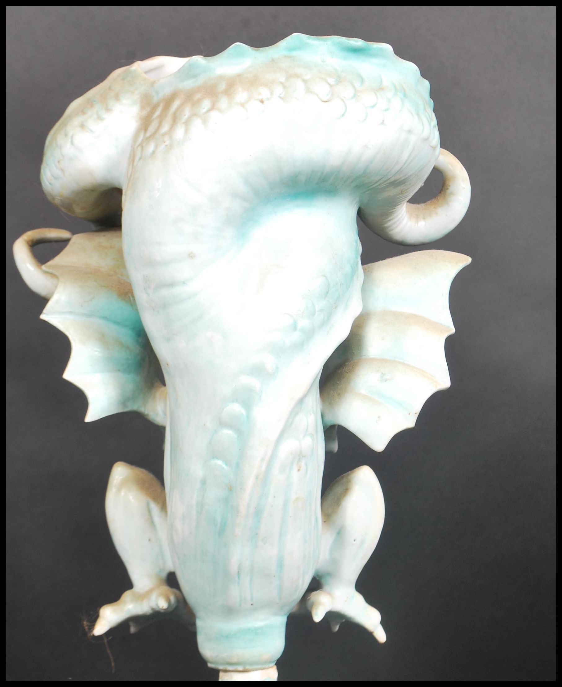 A 19th century Ernst Bohne & Söhne grotesque dragon porcelain centrepiece vase. The inverted - Image 7 of 17