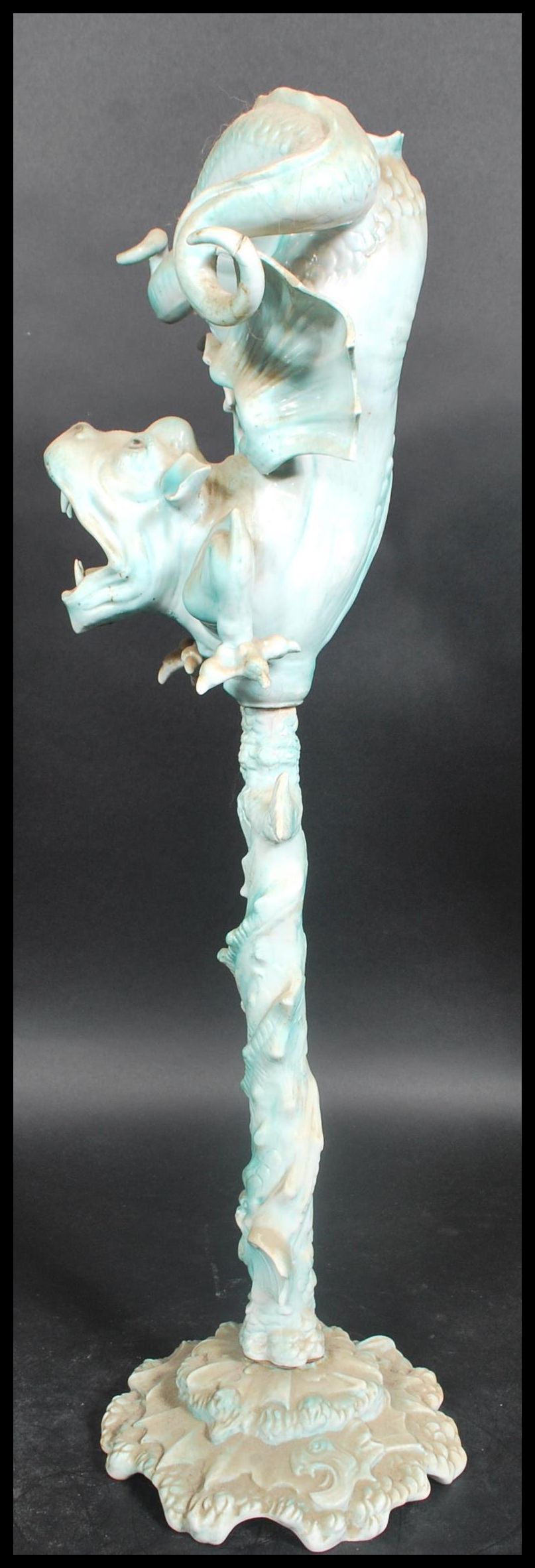 A 19th century Ernst Bohne & Söhne grotesque dragon porcelain centrepiece vase. The inverted - Image 2 of 17