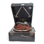 A vintage early 20th century portable picnic gramophone by Columbia together with a collection of