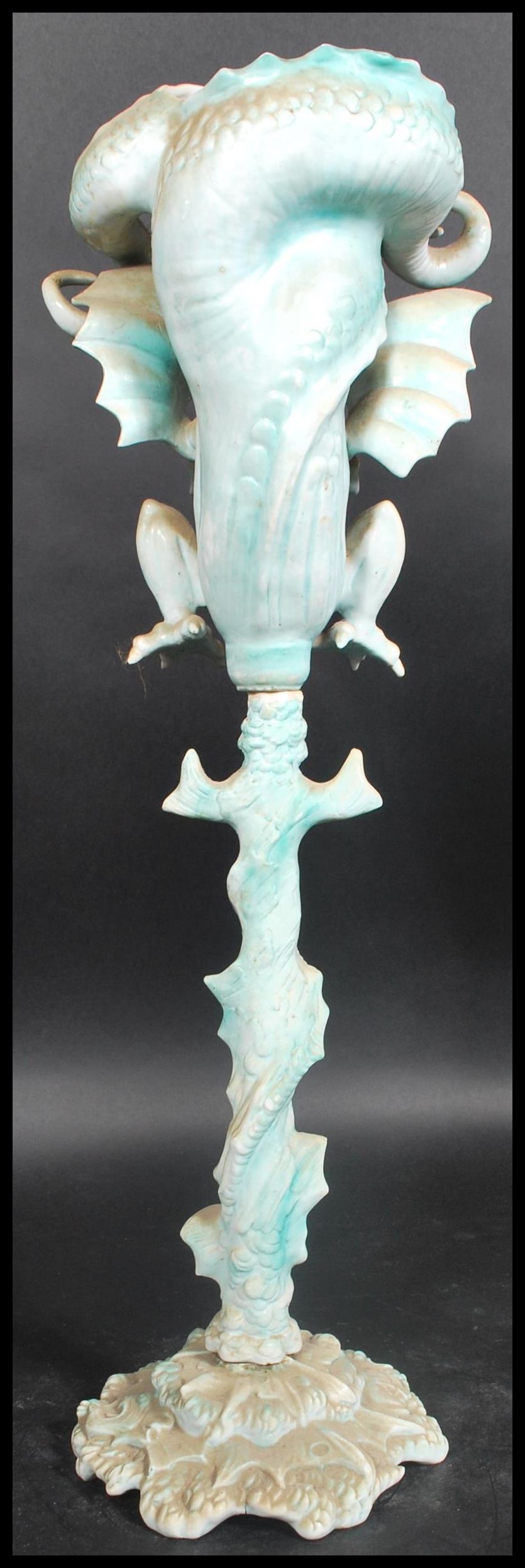 A 19th century Ernst Bohne & Söhne grotesque dragon porcelain centrepiece vase. The inverted - Image 6 of 17