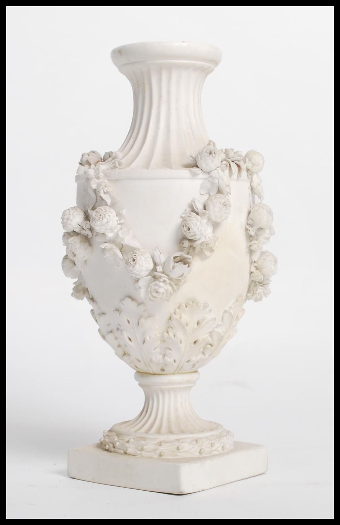 A 19th century Derby parian bisque ware vase raised on a square base with relief decoration of - Image 4 of 6