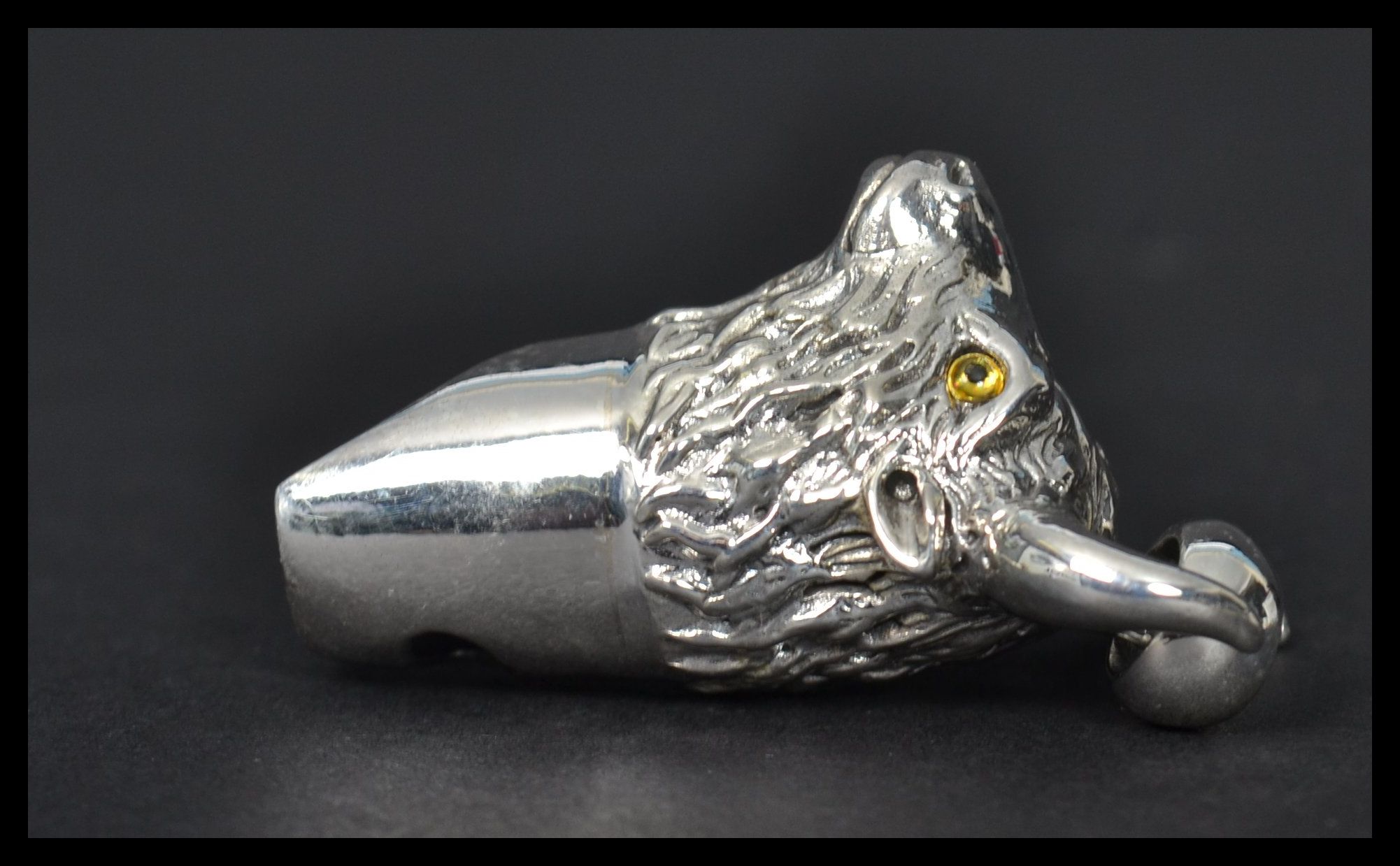 A sterling silver whistle in the form of  a bulls head with horns and bail loop. Weighs 17 grams. - Image 2 of 6