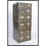 A set of five stacking vintage Industrial 20th century index filing cabinets by Roneo, with a war