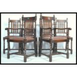 A set of 6 1920's oak barleytwist dining chairs. Raised on barley twist legs united by stretchers