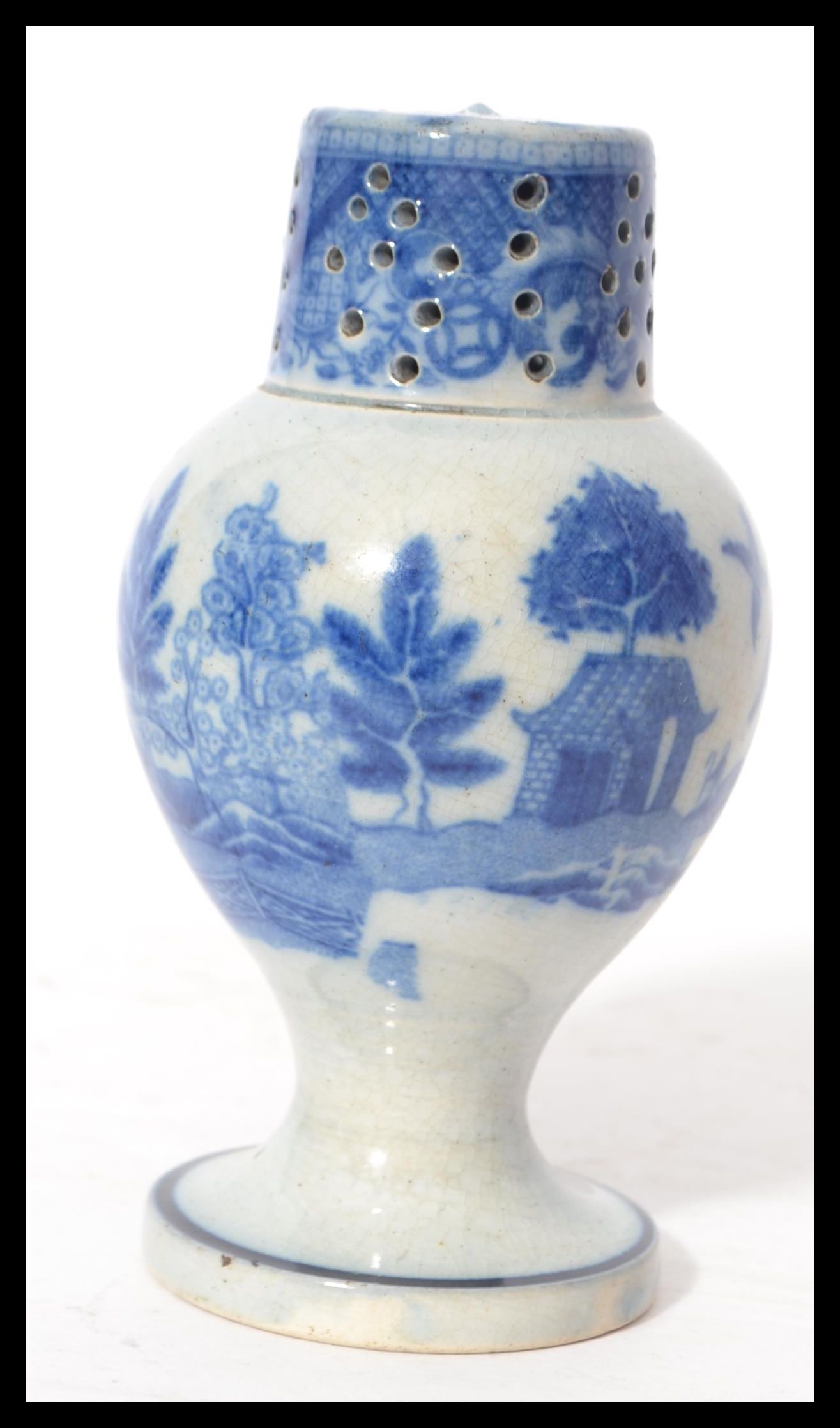 A 19th century blue and white ceramic sander pounce pot having a circular vase with bulbous body and - Image 4 of 6