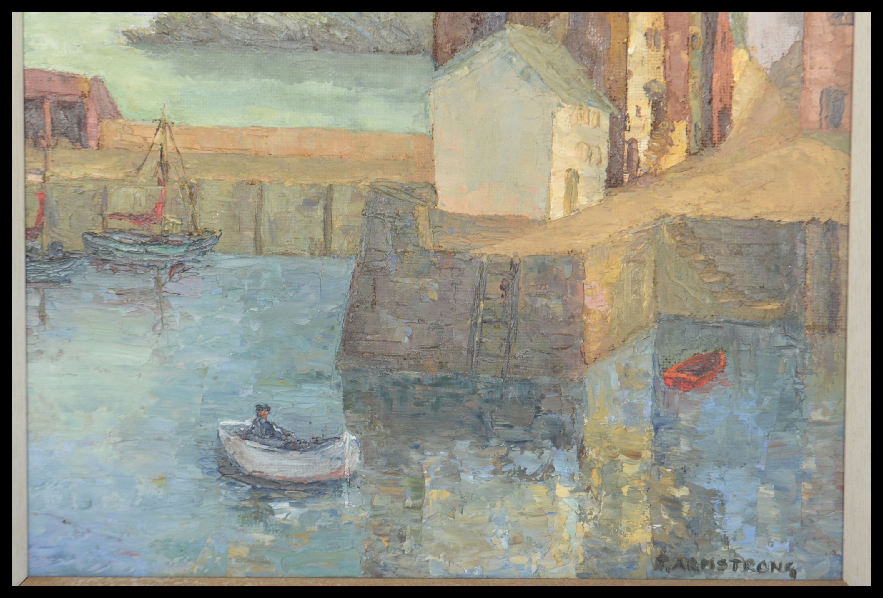 A vintage retro 20th century framed oil on board Harbour scene painting by J. I. Armstrong - Image 5 of 7