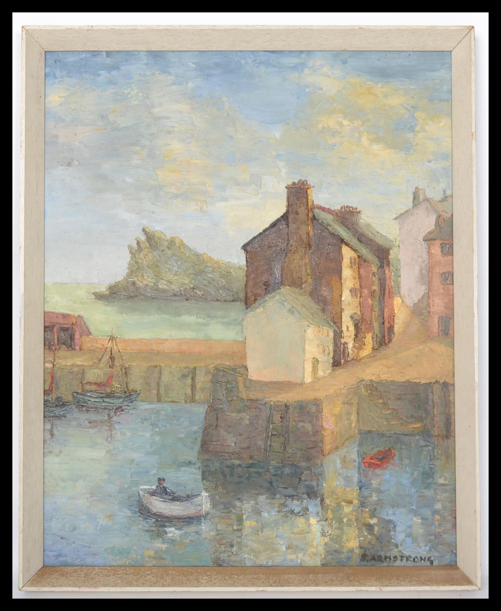 A vintage retro 20th century framed oil on board Harbour scene painting by J. I. Armstrong