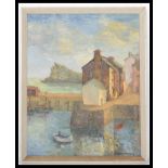 A vintage retro 20th century framed oil on board Harbour scene painting by J. I. Armstrong