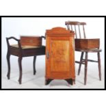 A collection of furniture to include an oak Bureau, mahogany wall hanging cupboard, writing slope
