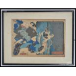 A framed and glazed coloured print of Oriental Japanese warriors being signed by artist.